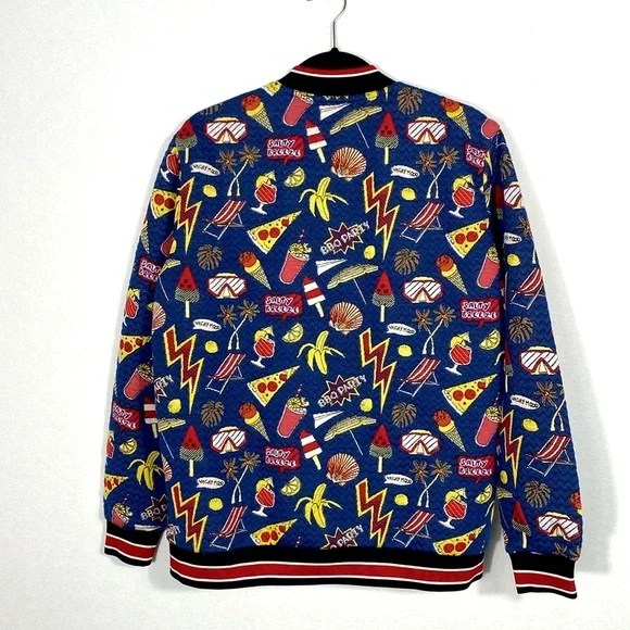 Zara Men’s Jacquard Blue Junk Food Graphic Bomber Jacket size large